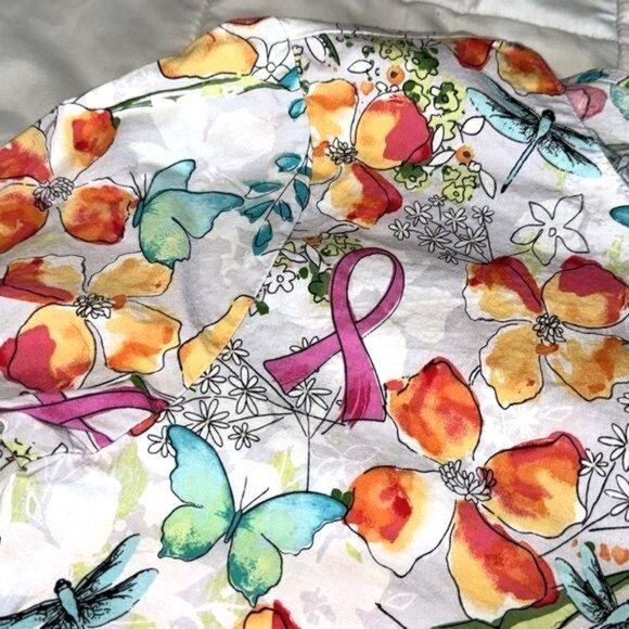 Cherokee Womens XS Floral & Pink Ribbon Print Scrub Top 97% Cotton - Picture 4 of 7